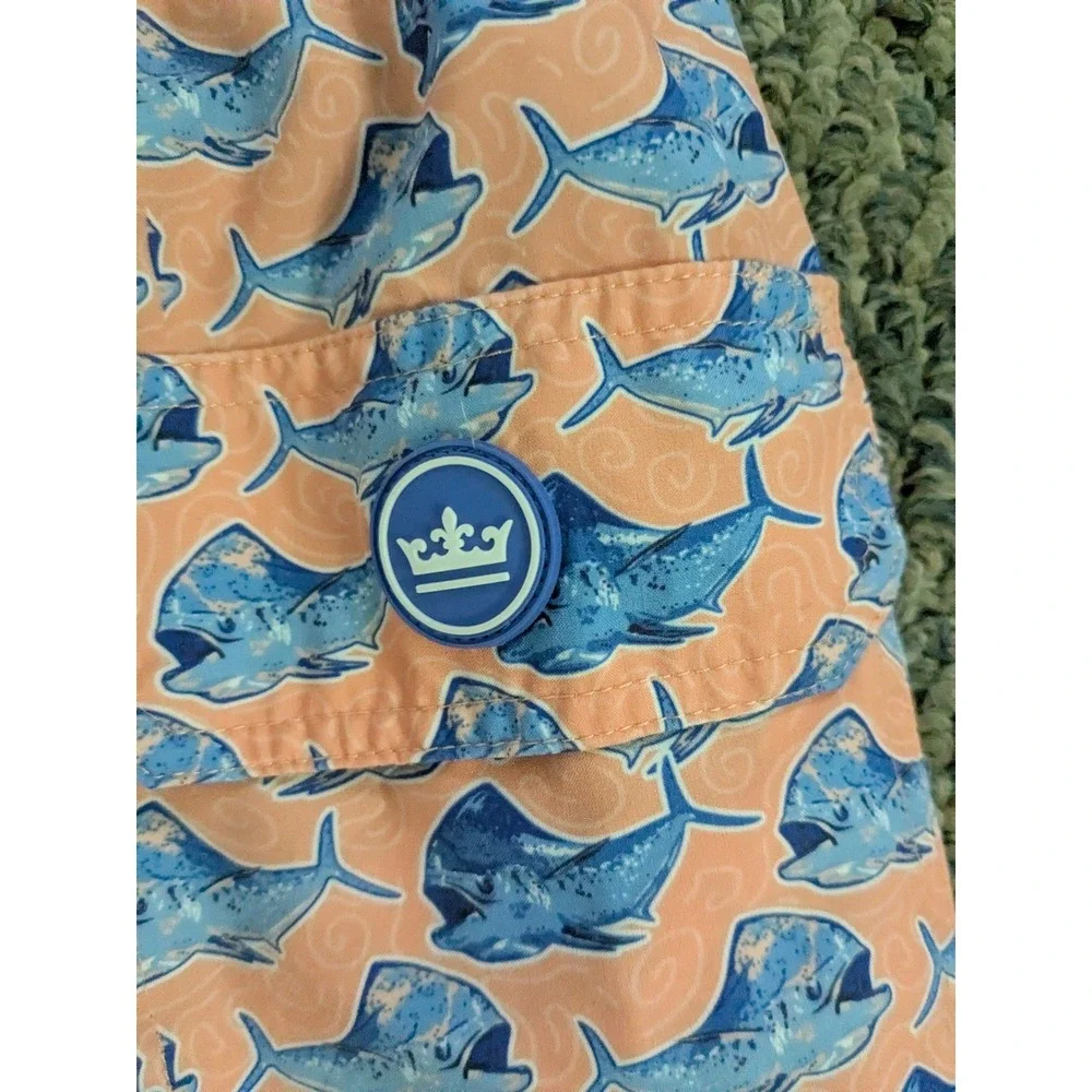 Peter Millar Seaside Mens Swim Trunks Peach Blue Mahi Mahi Fish Print Size M